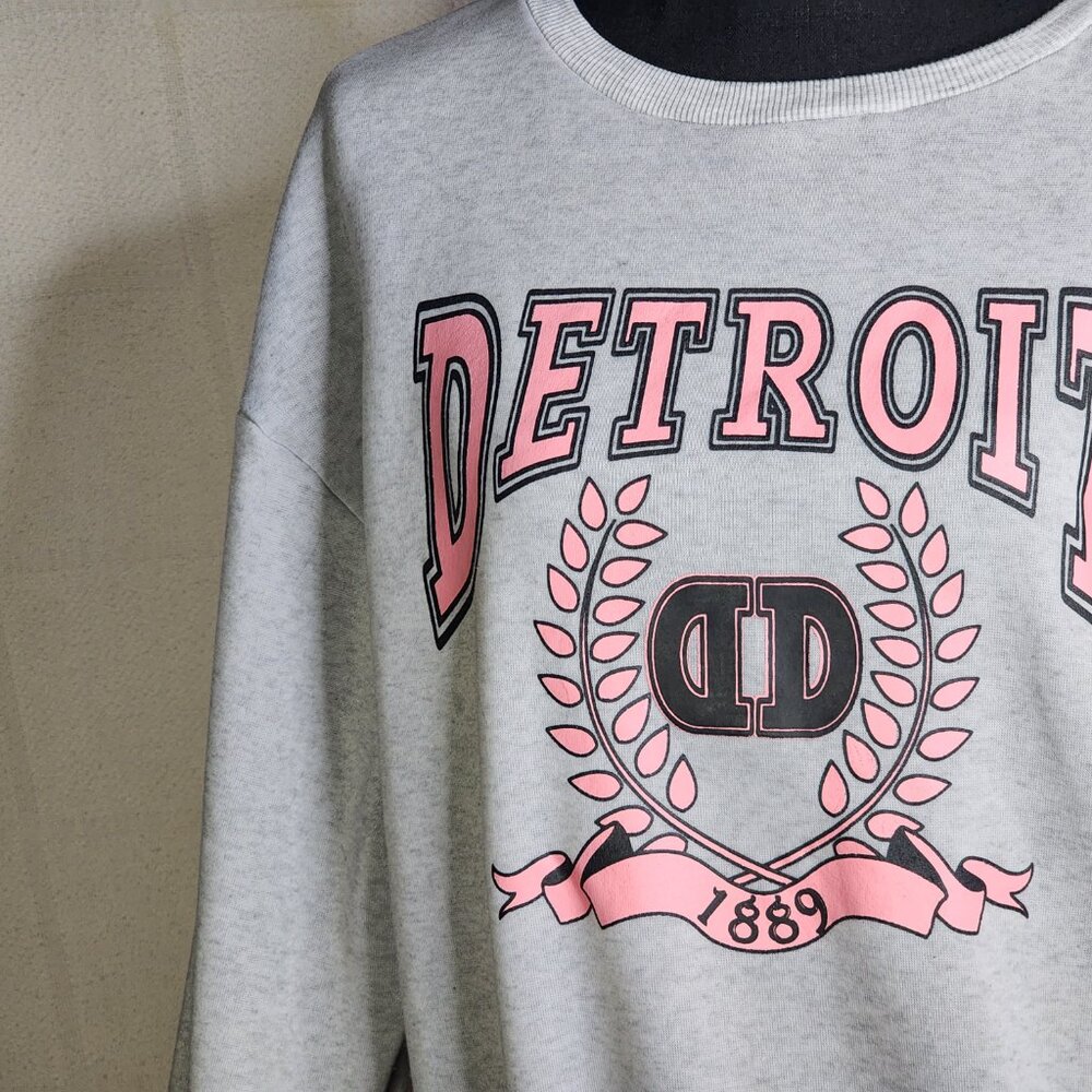 Shein Grey Crewneck with Pink Detroit Graphic Long Sleeve Poly Sweatshirt Sz S - Picture 9 of 16